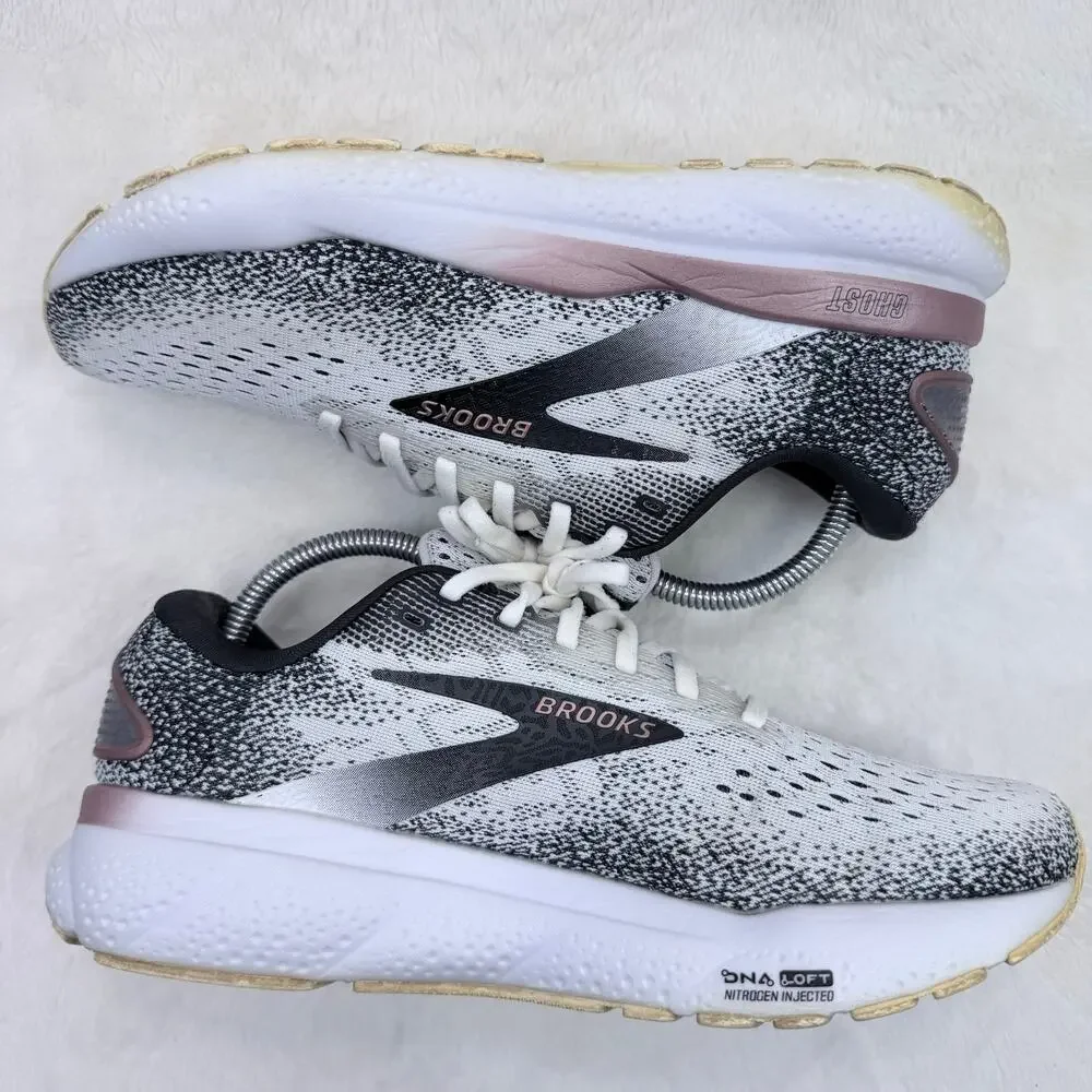 Brooks Ghost 16 Womens Running Shoes White Black Rose Gold Size 10 Athletic Shoe